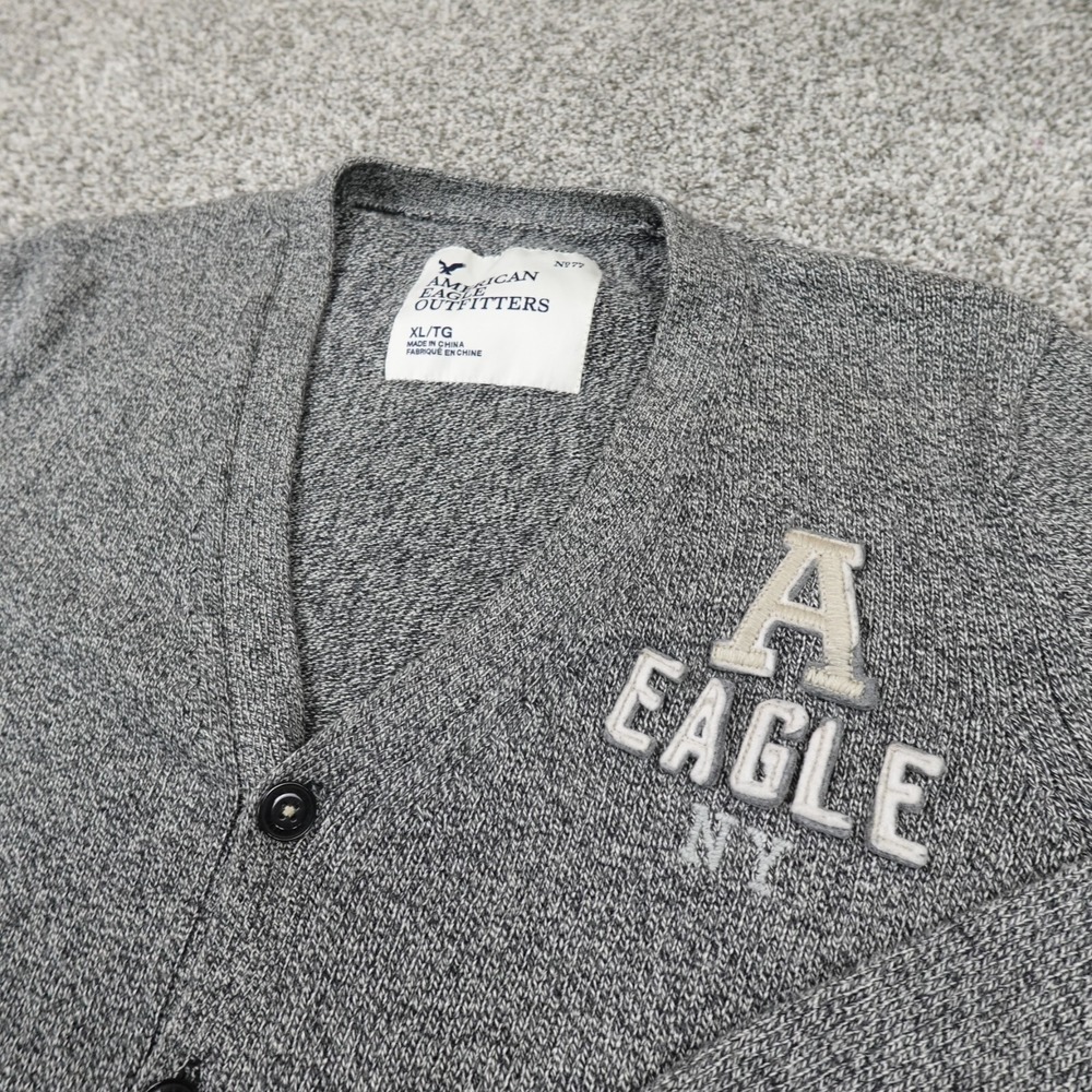 American Eagle Cardigan Mens XL Gray Ragg Marl Flecked Knit Wool Grandpa Sweater